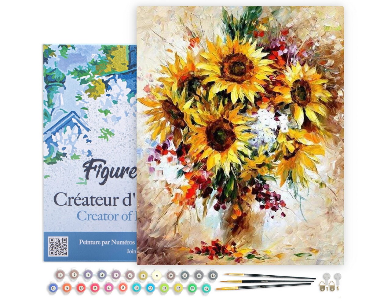 Figured'Art Paint by Numbers Kit for Adults with Frame Pretty Sunflowers 16"x20" - Craft Art Painting DIY Kit Canvas Already Stretched on a Wooden Frame